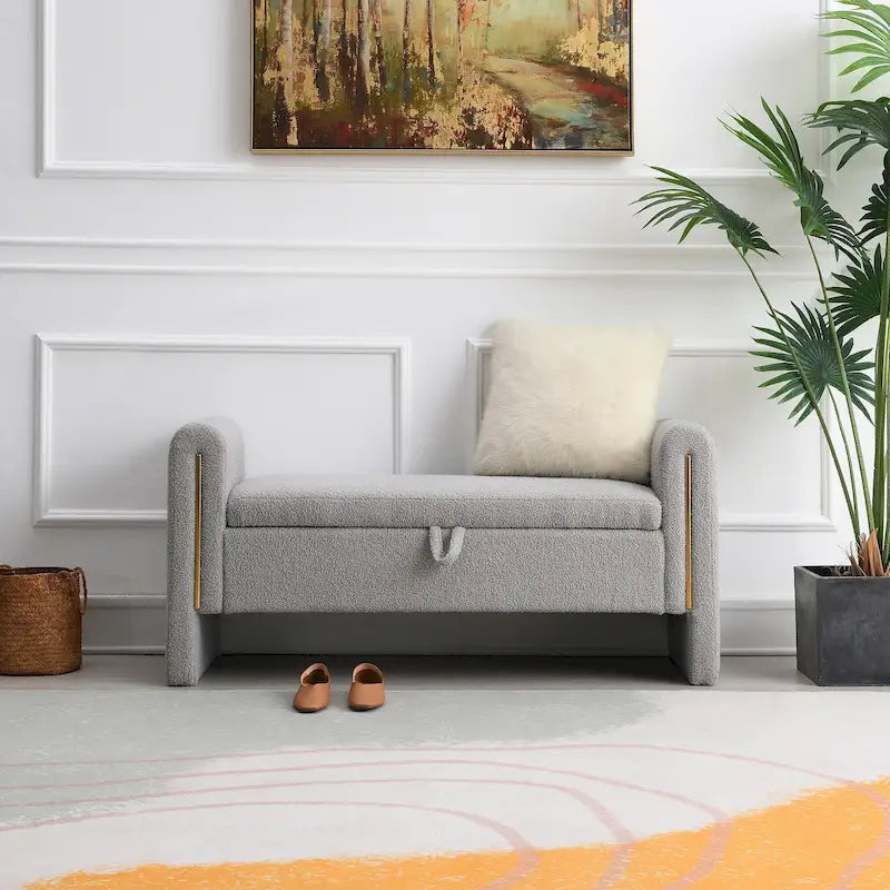 Banc de rangement rembourré en tissu Teddy avec accoudoirs et assise coussinée