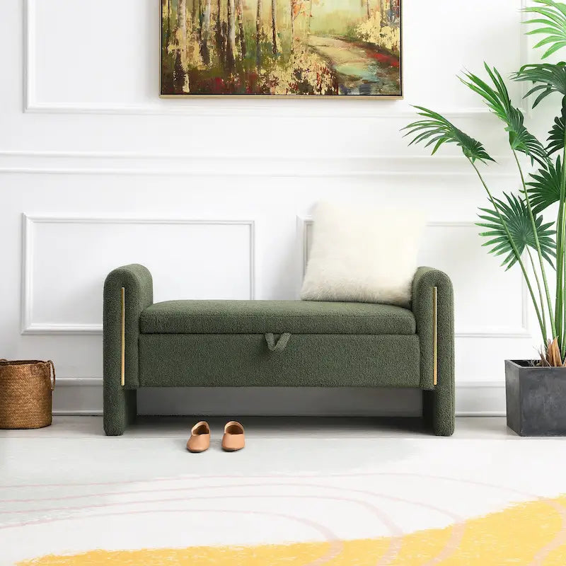Banc de rangement rembourré en tissu Teddy avec accoudoirs et assise coussinée