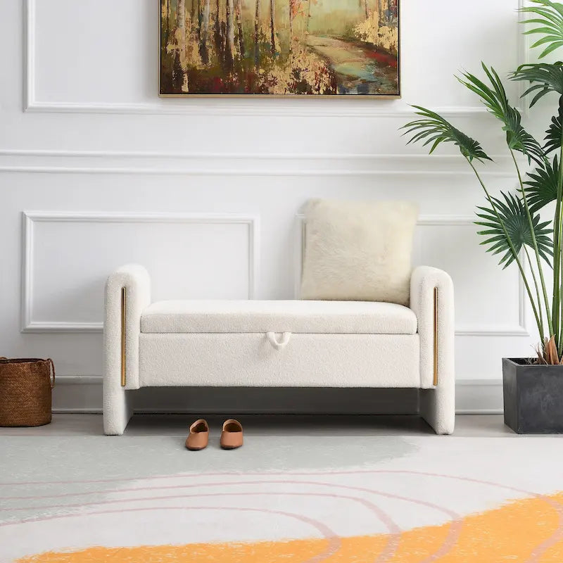 Banc de rangement rembourré en tissu Teddy avec accoudoirs et assise coussinée