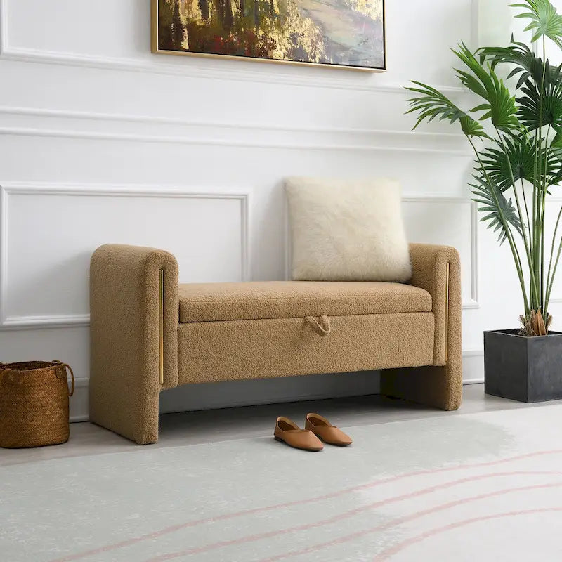 Banc de rangement rembourré en tissu Teddy avec accoudoirs et assise coussinée