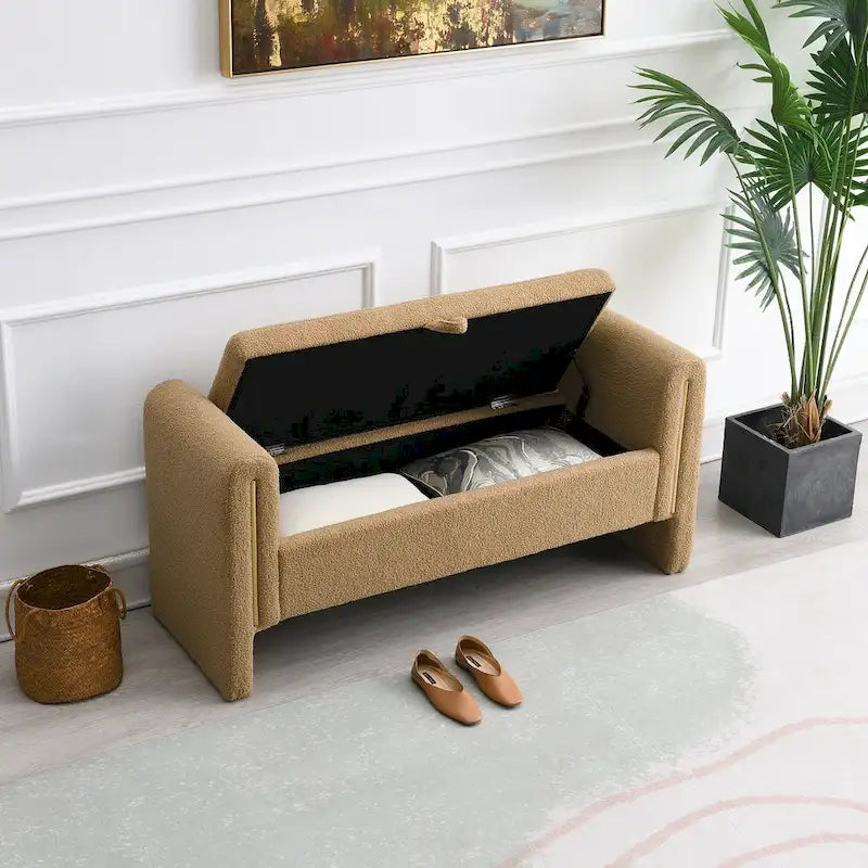 Banc de rangement rembourré en tissu Teddy avec accoudoirs et assise coussinée