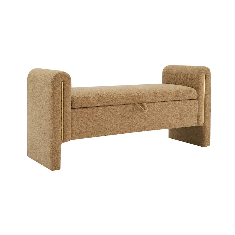Banc de rangement rembourré en tissu Teddy avec accoudoirs et assise coussinée