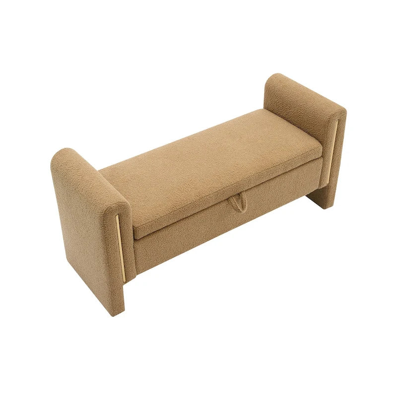 Banc de rangement rembourré en tissu Teddy avec accoudoirs et assise coussinée