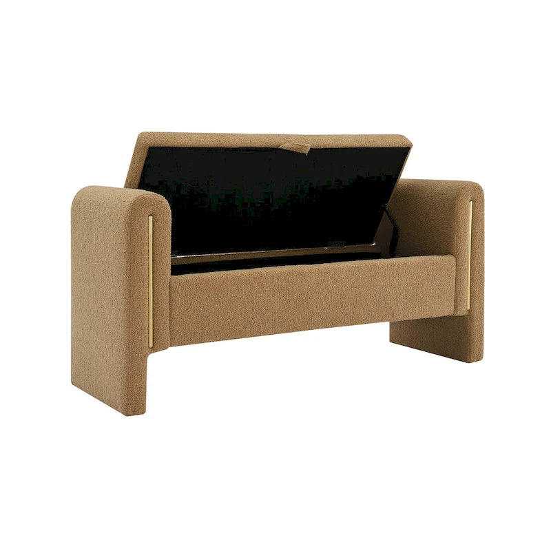 Banc de rangement rembourré en tissu Teddy avec accoudoirs et assise coussinée
