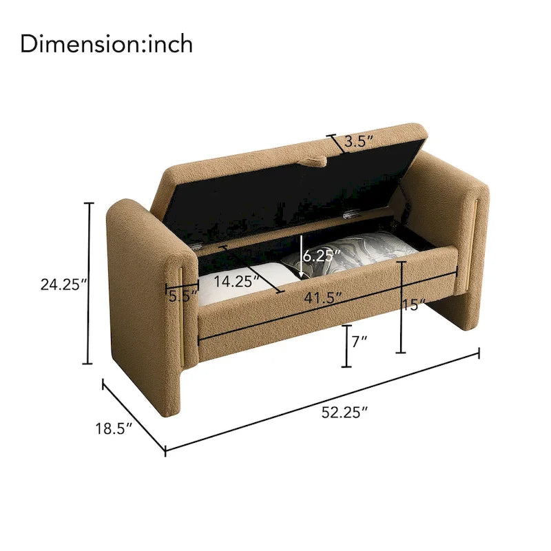 Banc de rangement rembourré en tissu Teddy avec accoudoirs et assise coussinée
