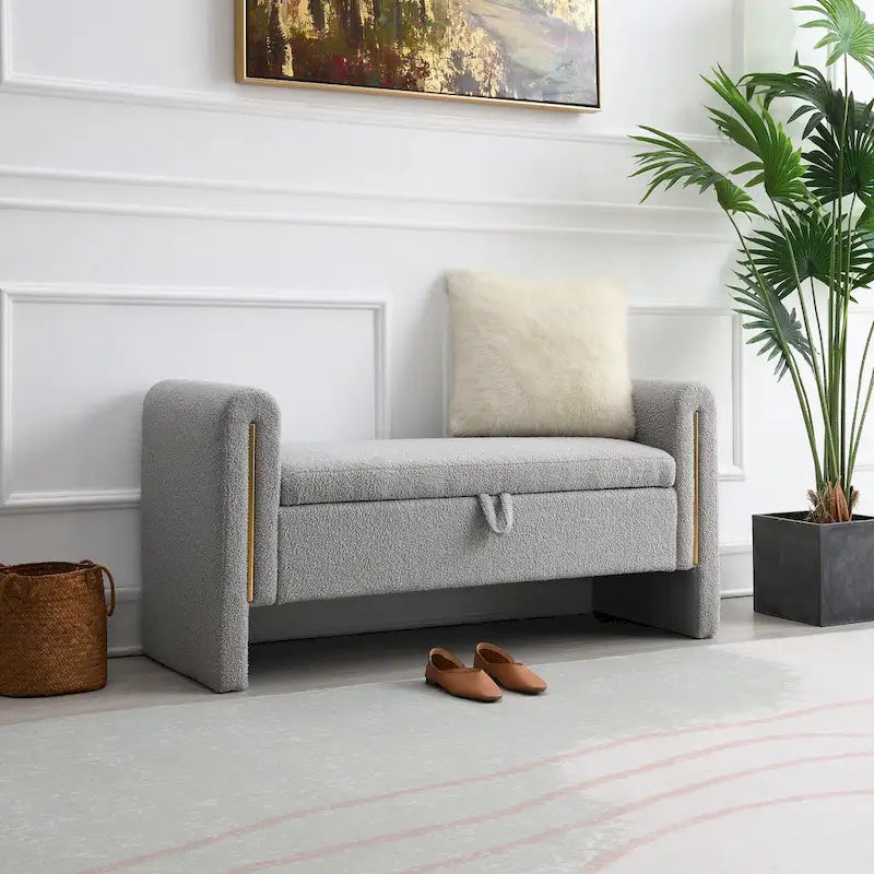 Banc de rangement rembourré en tissu Teddy avec accoudoirs et assise coussinée