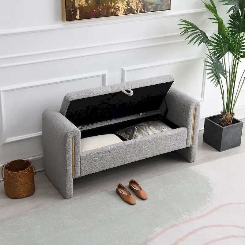 Banc de rangement rembourré en tissu Teddy avec accoudoirs et assise coussinée