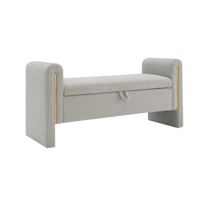 Banc de rangement rembourré en tissu Teddy avec accoudoirs et assise coussinée