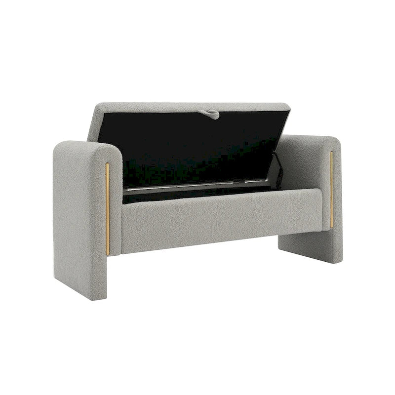 Banc de rangement rembourré en tissu Teddy avec accoudoirs et assise coussinée