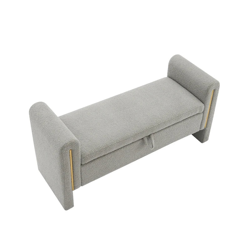 Banc de rangement rembourré en tissu Teddy avec accoudoirs et assise coussinée