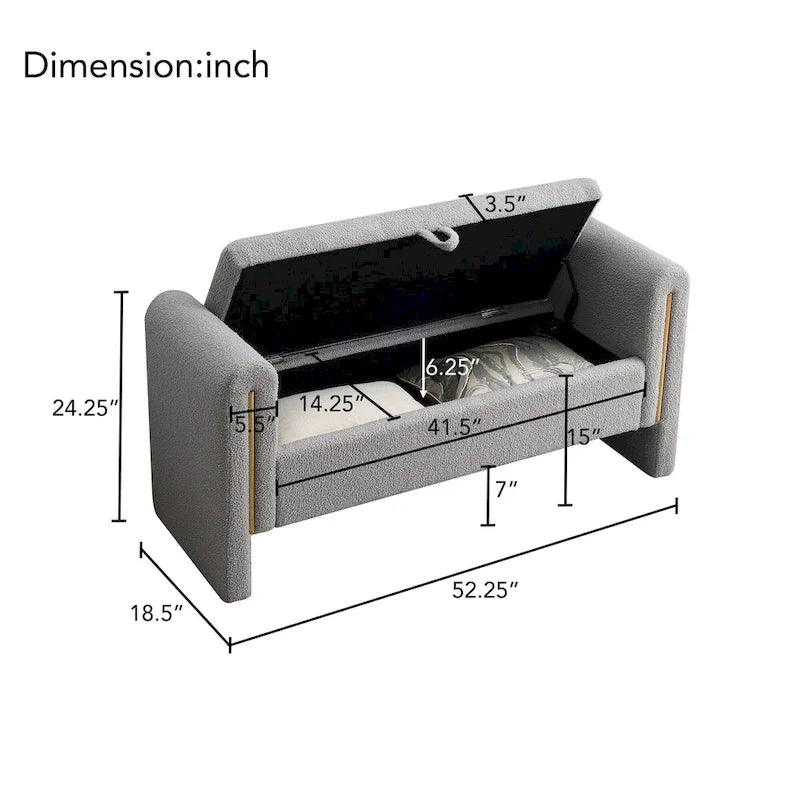 Banc de rangement rembourré en tissu Teddy avec accoudoirs et assise coussinée