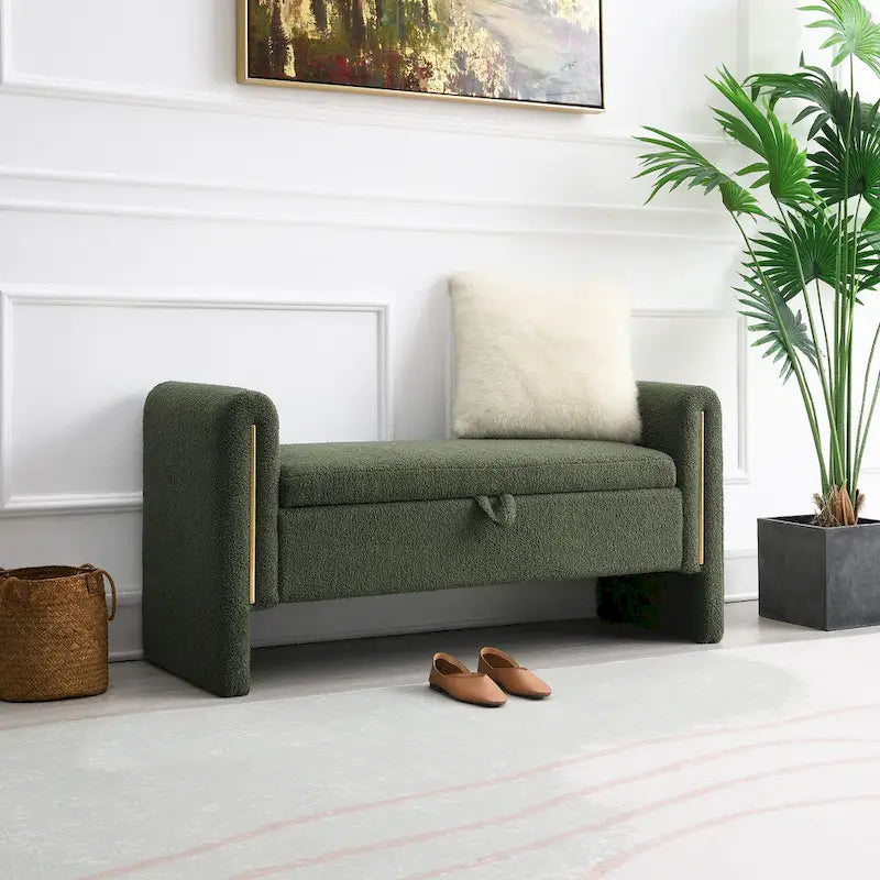 Banc de rangement rembourré en tissu Teddy avec accoudoirs et assise coussinée