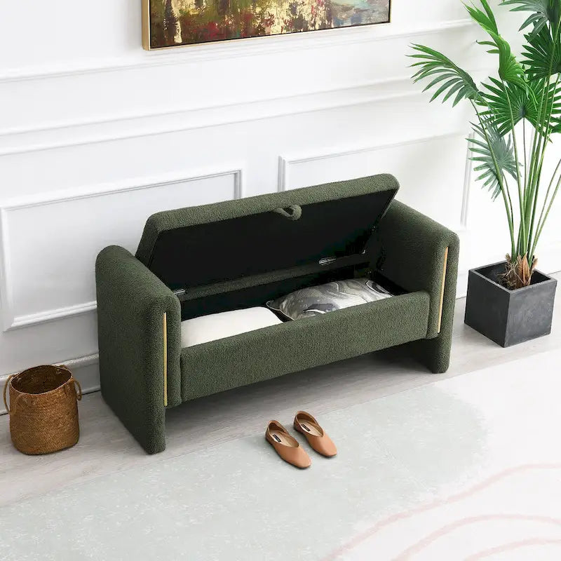 Banc de rangement rembourré en tissu Teddy avec accoudoirs et assise coussinée