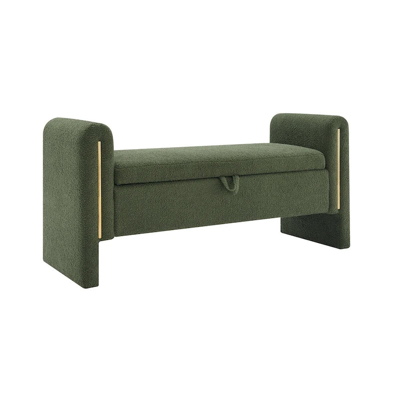 Banc de rangement rembourré en tissu Teddy avec accoudoirs et assise coussinée
