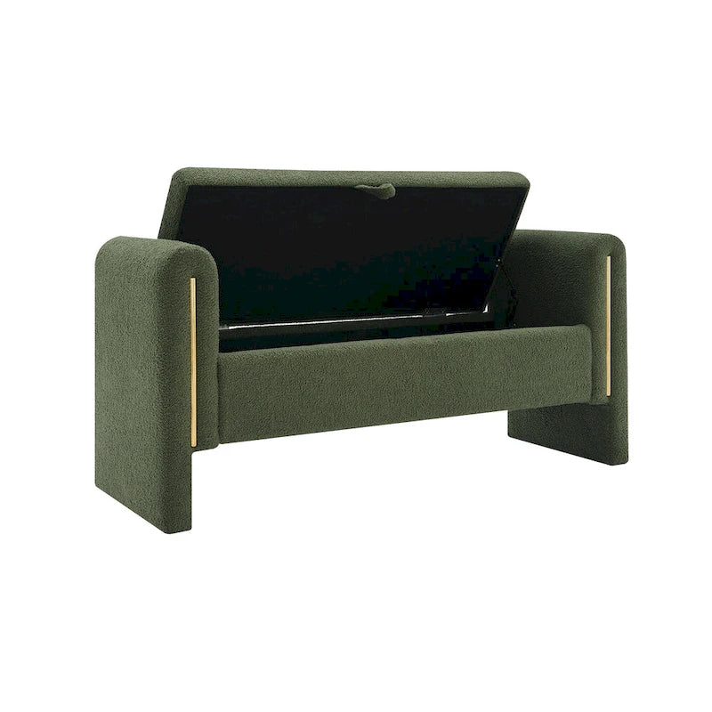 Banc de rangement rembourré en tissu Teddy avec accoudoirs et assise coussinée