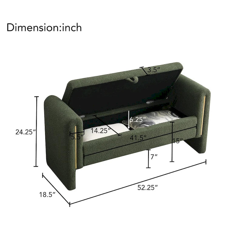 Banc de rangement rembourré en tissu Teddy avec accoudoirs et assise coussinée