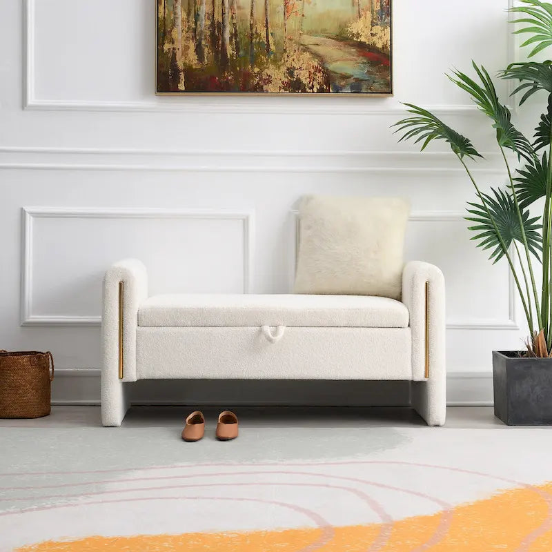 Banc de rangement rembourré en tissu Teddy avec accoudoirs et assise coussinée