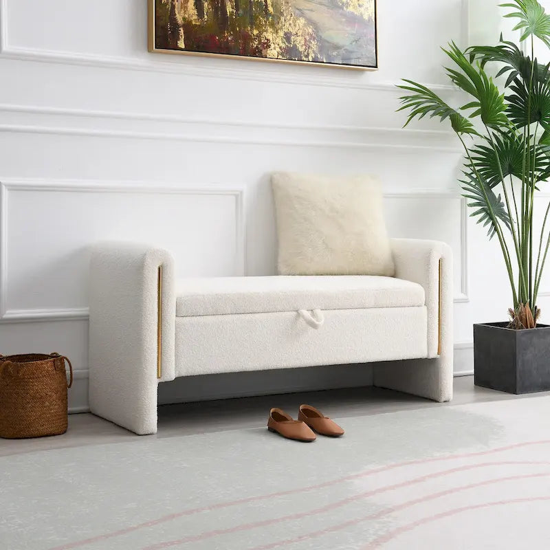 Banc de rangement rembourré en tissu Teddy avec accoudoirs et assise coussinée