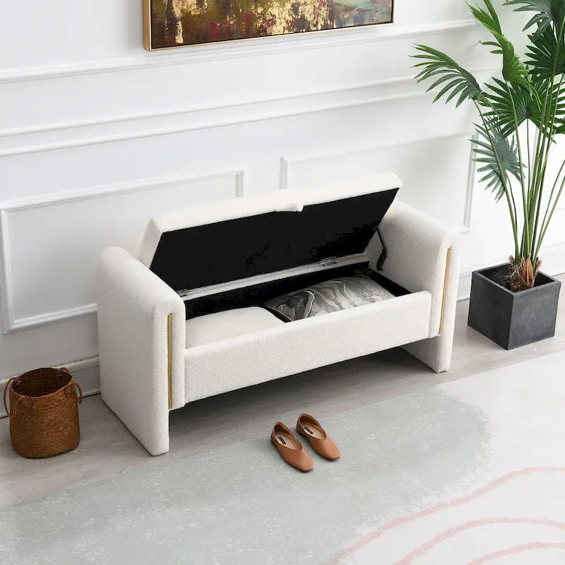 Banc de rangement rembourré en tissu Teddy avec accoudoirs et assise coussinée