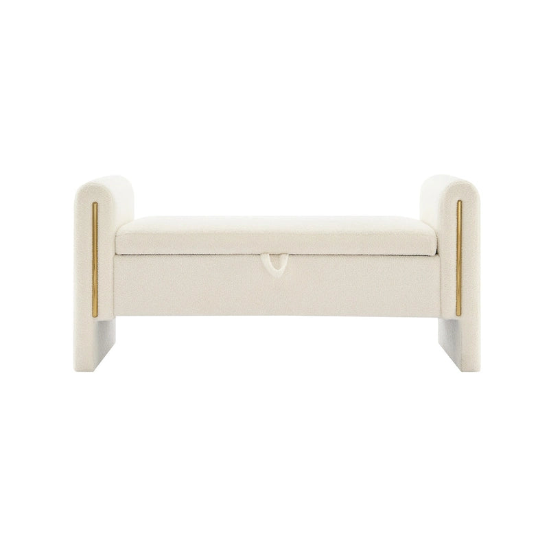 Banc de rangement rembourré en tissu Teddy avec accoudoirs et assise coussinée