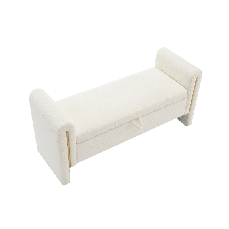 Banc de rangement rembourré en tissu Teddy avec accoudoirs et assise coussinée