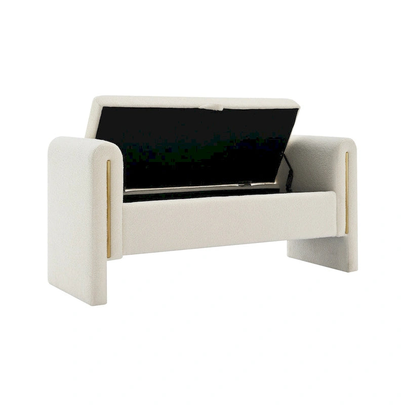 Banc de rangement rembourré en tissu Teddy avec accoudoirs et assise coussinée