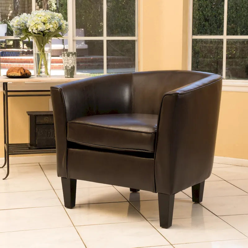 Fauteuil club en similicuir PU marron avec pieds coniques en bois