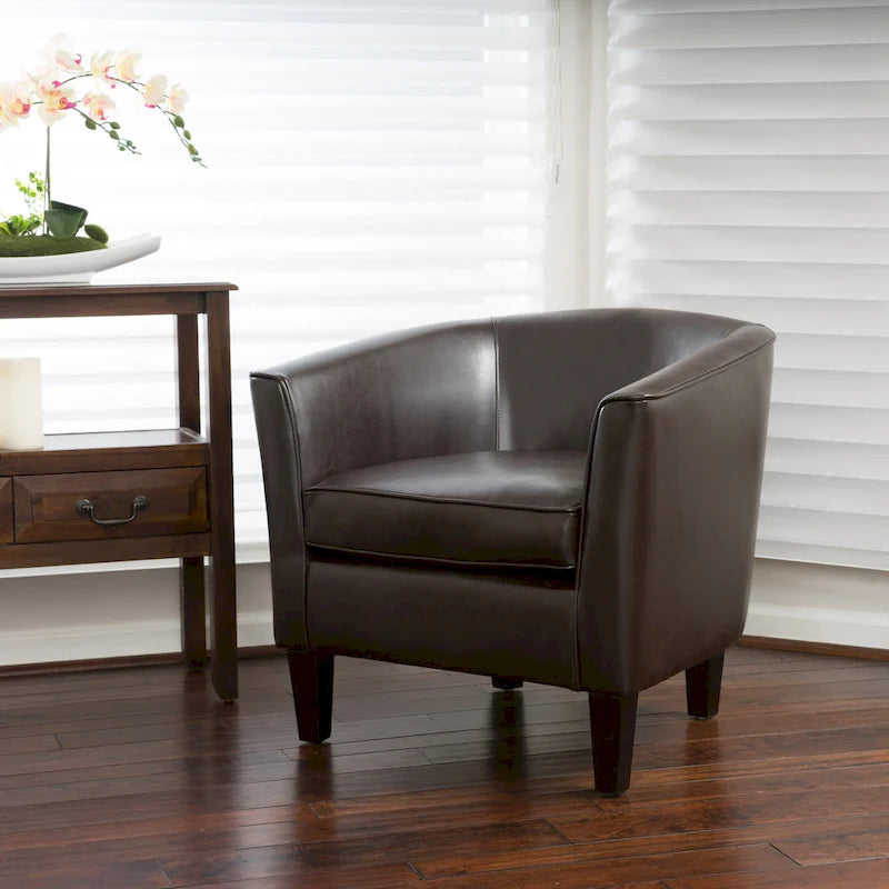 Fauteuil club en similicuir PU marron avec pieds coniques en bois