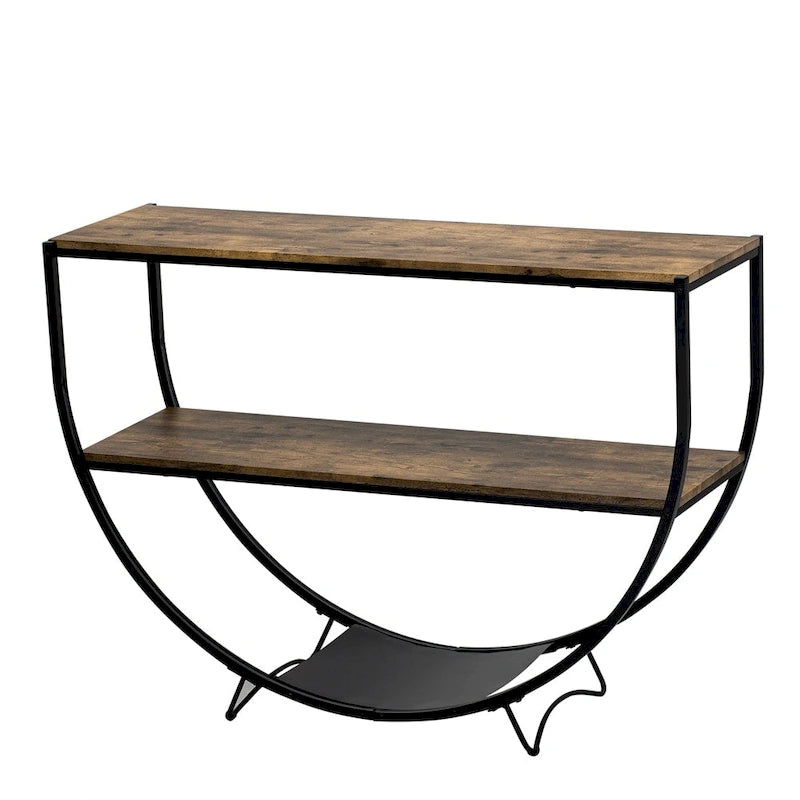 Console demi-lune en bois vieilli 2 niveaux en métal noir