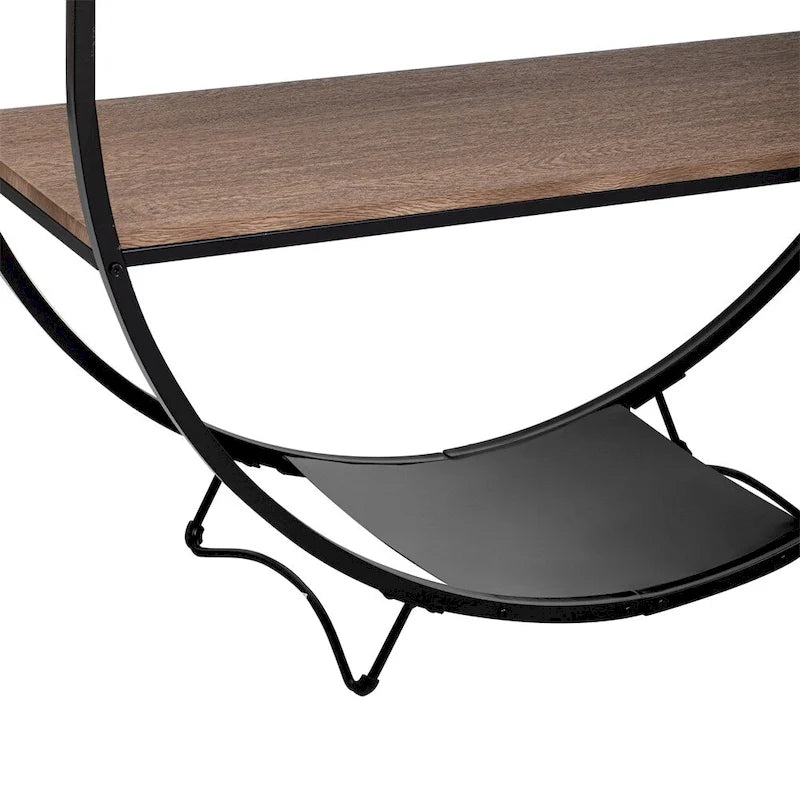Console demi-lune en bois vieilli 2 niveaux en métal noir