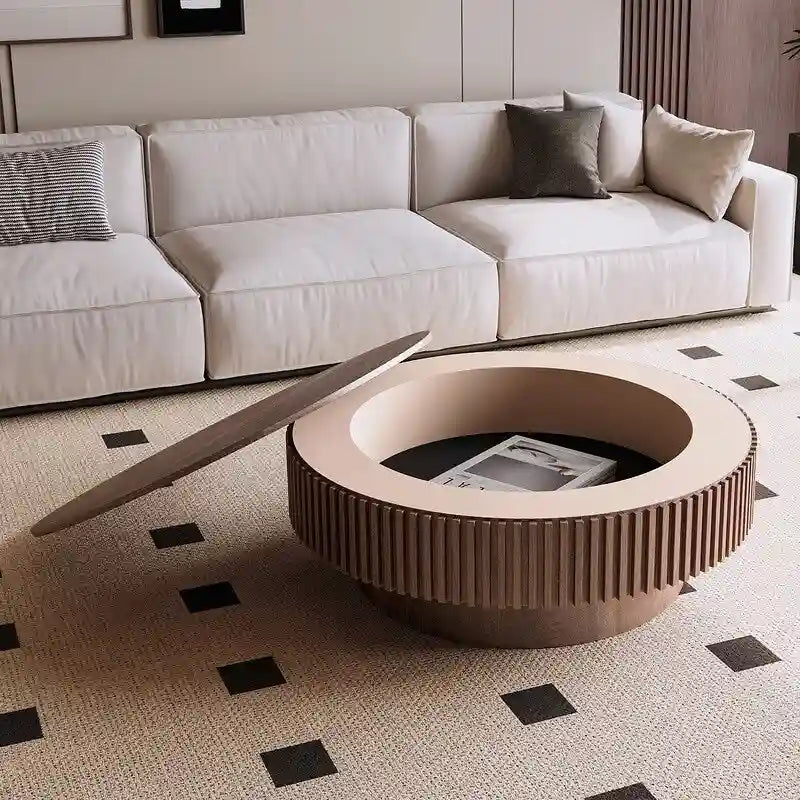 39.37in Round Coffee Table with Storage Solid Wood Veneered