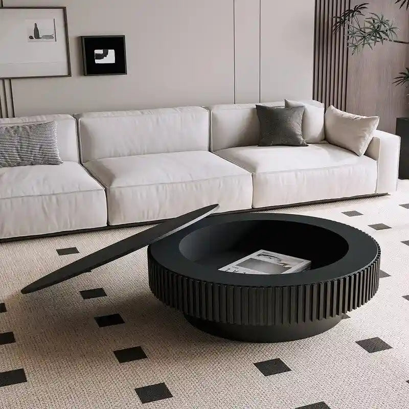 Table basse ronde cannelée avec rangement dissimulé placage bois naturel