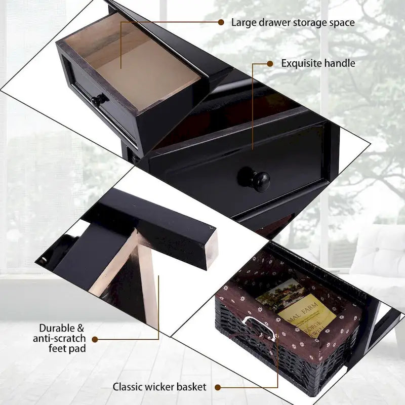 Table de chevet noire à 3 niveaux avec 1 tiroir et 2 paniers de rangement