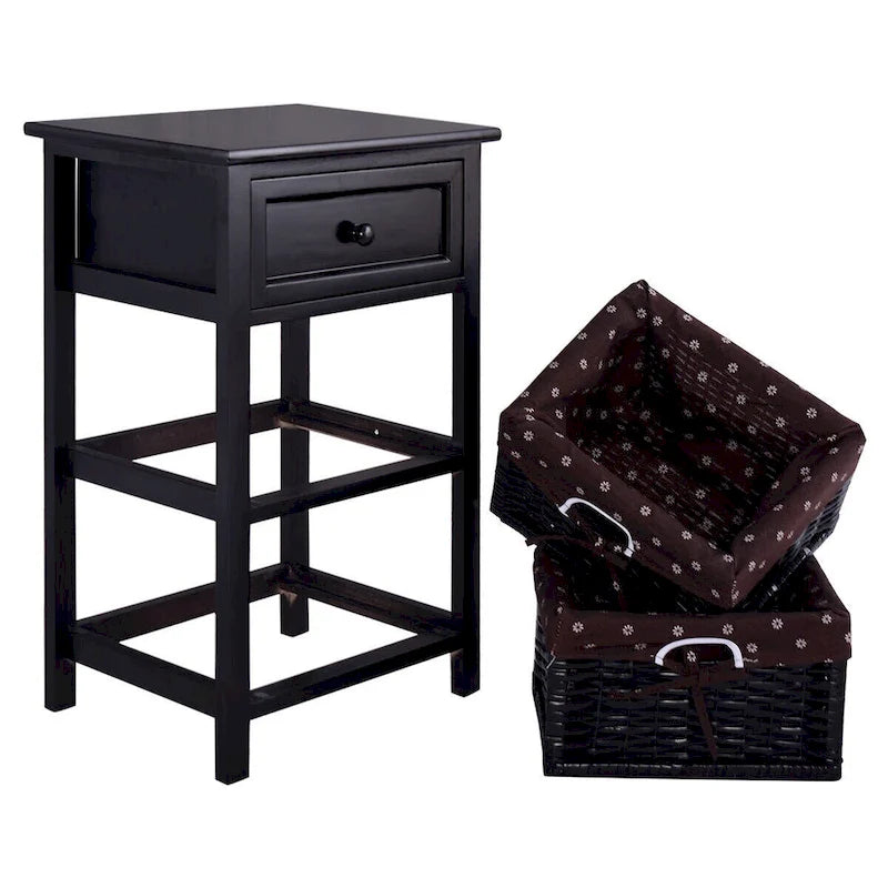 Table de chevet noire à 3 niveaux avec 1 tiroir et 2 paniers de rangement