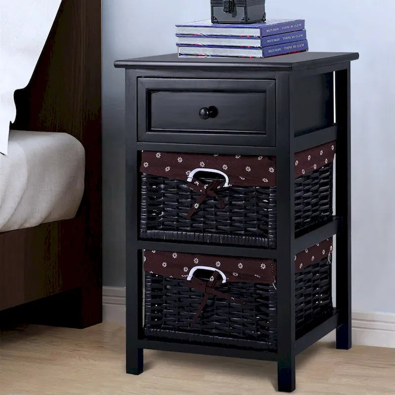 Table de chevet noire à 3 niveaux avec 1 tiroir et 2 paniers de rangement
