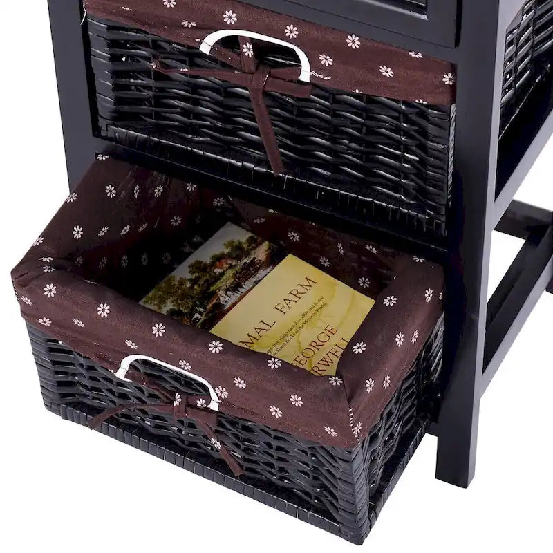 Table de chevet noire à 3 niveaux avec 1 tiroir et 2 paniers de rangement