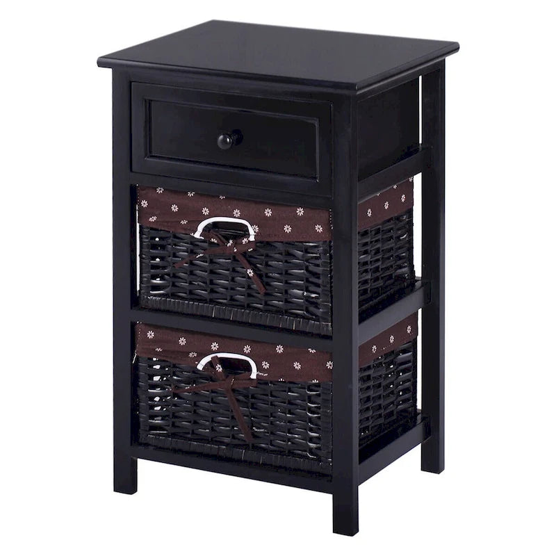 Table de chevet noire à 3 niveaux avec 1 tiroir et 2 paniers de rangement