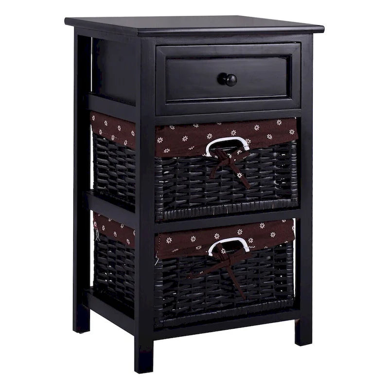 Table de chevet noire à 3 niveaux avec 1 tiroir et 2 paniers de rangement