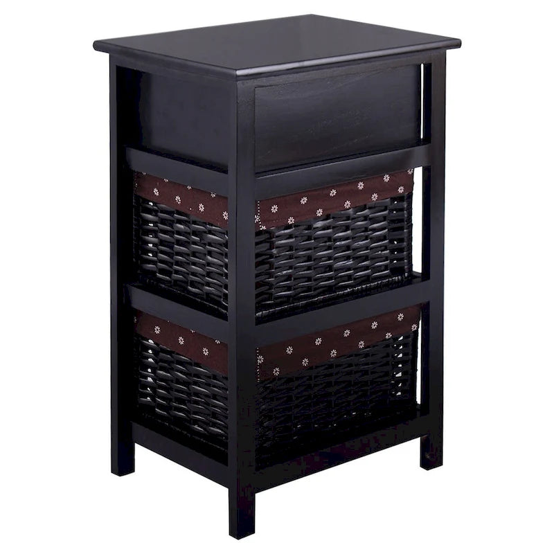 Table de chevet noire à 3 niveaux avec 1 tiroir et 2 paniers de rangement