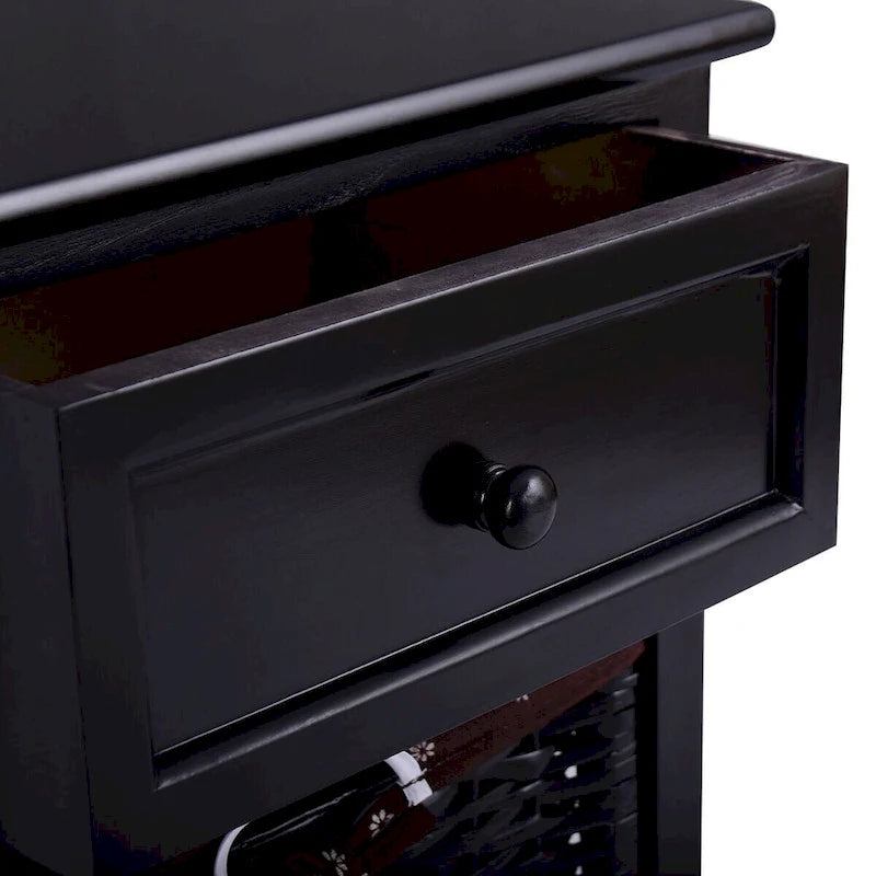 Table de chevet noire à 3 niveaux avec 1 tiroir et 2 paniers de rangement
