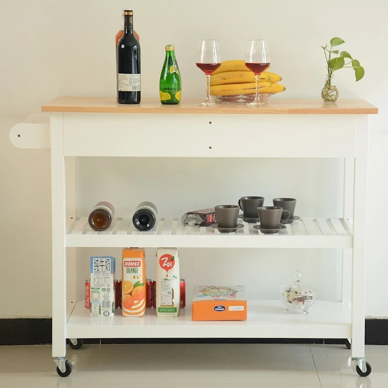 Desserte de cuisine roulante blanche avec plateau en bois d'hévéa, 2 tiroirs et étagères ouvertes