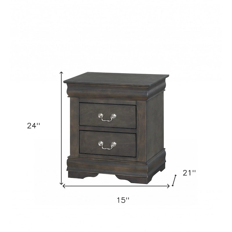 Table de chevet en bois massif 2 tiroirs avec poignées métalliques, platine et gris