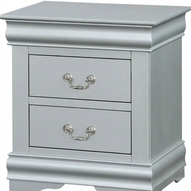 Table de chevet en bois massif 2 tiroirs avec poignées métalliques, platine et gris