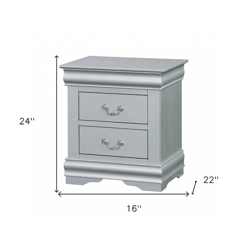 Table de chevet en bois massif 2 tiroirs avec poignées métalliques, platine et gris