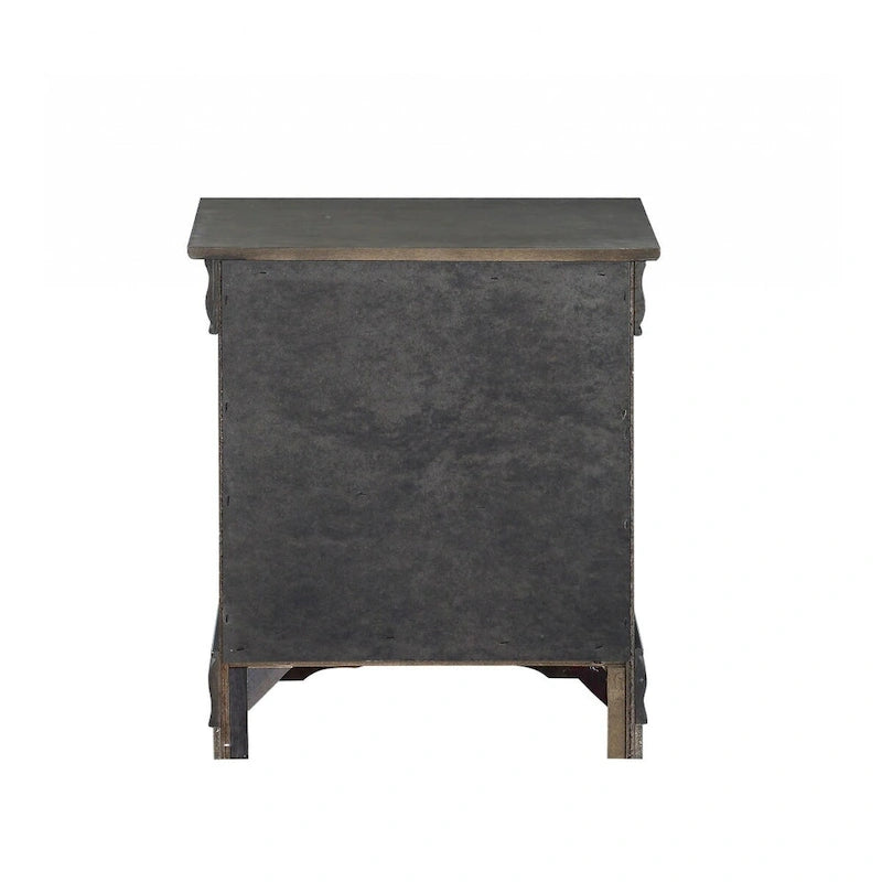 Table de chevet en bois massif 2 tiroirs avec poignées métalliques, platine et gris