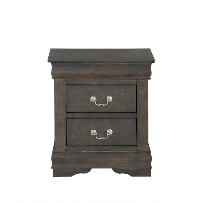 Table de chevet en bois massif 2 tiroirs avec poignées métalliques, platine et gris