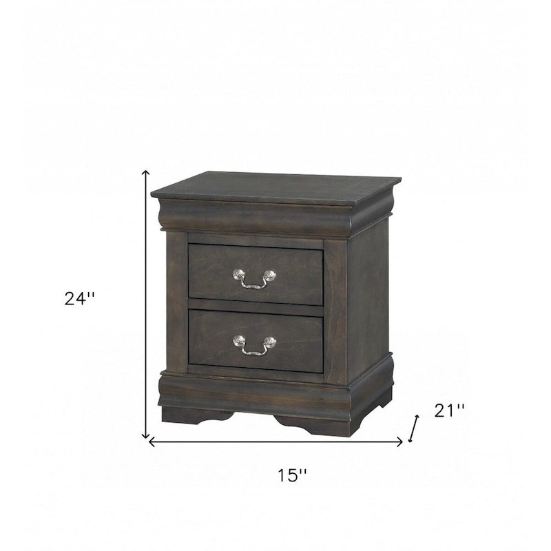 Table de chevet en bois massif 2 tiroirs avec poignées métalliques, platine et gris