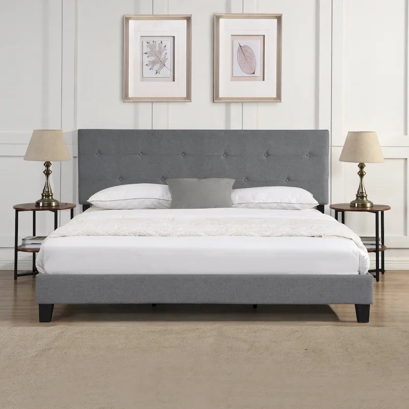 Lit plateforme tapissé gris avec tête de lit capitonnée, sommier tapissier non requis
