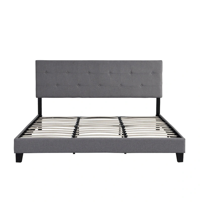 Lit plateforme tapissé gris avec tête de lit capitonnée, sommier tapissier non requis