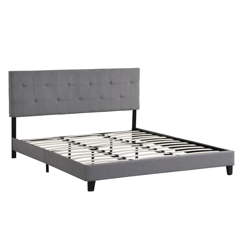Lit plateforme tapissé gris avec tête de lit capitonnée, sommier tapissier non requis